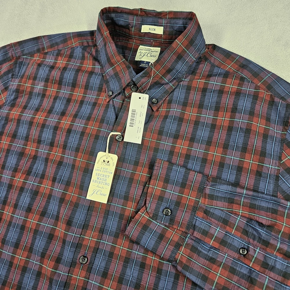 J. Crew Shirt Men Large Button Down Plaid Red Blue Slim 2 Ply Cotton Secret Wash